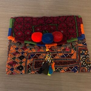 Boho Embroidered Pom-Pom Clutch - Multicolor